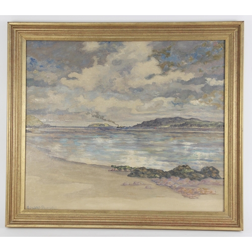 204 - Edward Pursell (Scottish, 20th century),  
A coastal landscape with cargo ship in the distance, and ... 