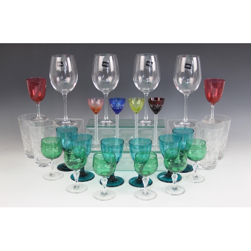 403 - A collection of glassware, to include; four coloured cut glass liqueur glasses, each 14.8cm high, si... 