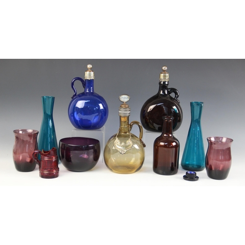 404 - A collection of Victorian and later coloured glassware, to include a blue decanter and stopper, 19cm... 