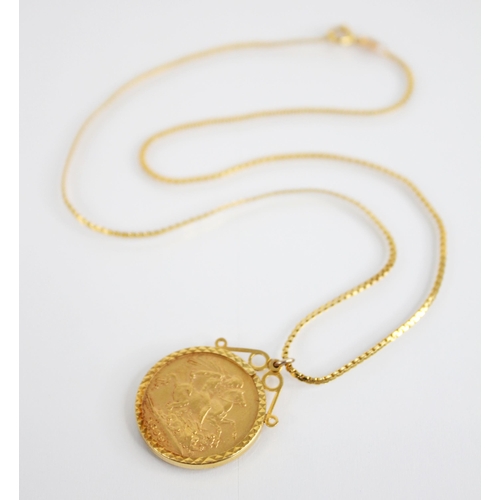 40 - A Victorian sovereign, dated 1899, set to a 9ct gold pendant mount, upon a 9ct gold woven chain with... 