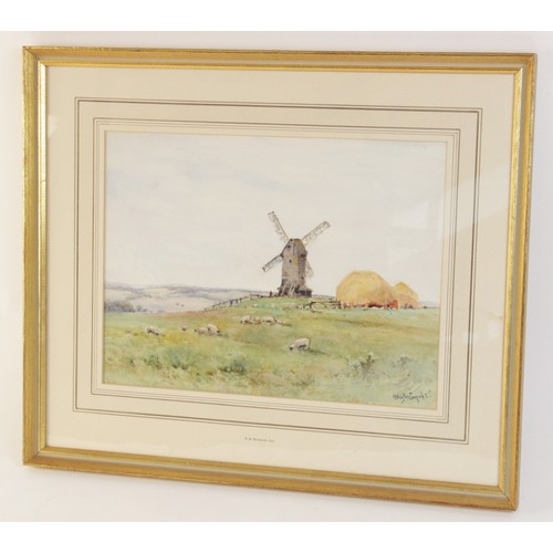 163 - Alfred de Breanski Junior (British, 1877-1957), 
A bucolic scene with windmill, haystacks and sheep,... 