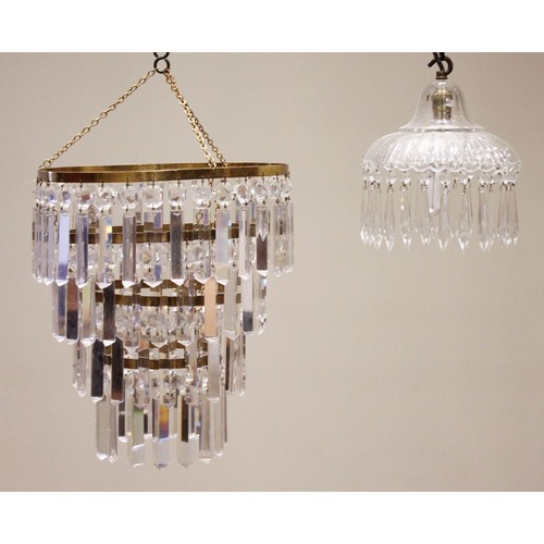 424 - A four tier gilt metal and glass lustre droplet ceiling light fitting, 36cm H x 30cm D, along with a... 