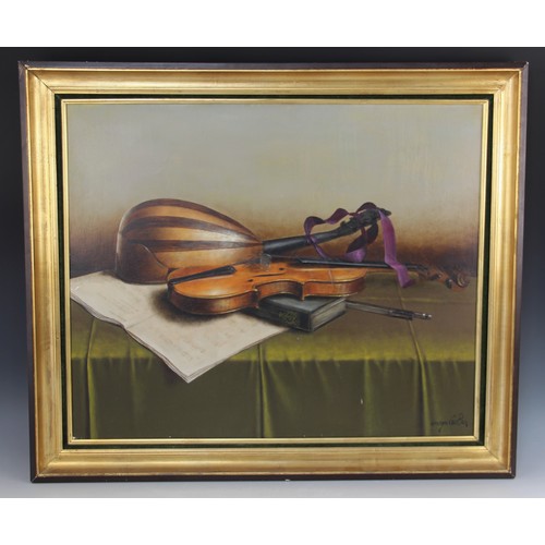 229 - Georges Coulon (French, 1914-1990),  
Still life with violin and lute,  
Oil on canvas,  
Signed low... 