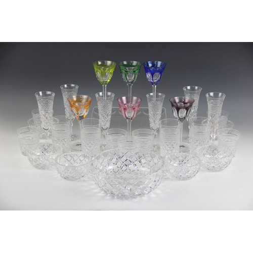 421 - A set of six flashed glass wine glasses, each bell shaped bowl with cut glass detail upon faceted st... 