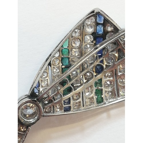 97 - An Art Deco diamond, sapphire and emerald bow brooch, the central round old cut diamond weighing app... 