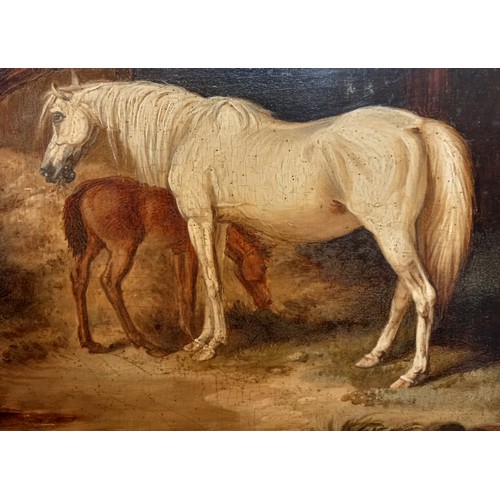 210 - Manner of George Morland (British, 1763 - 1804), 
A mare and foal in a stable, 
Oil on panel, 
Unsig... 