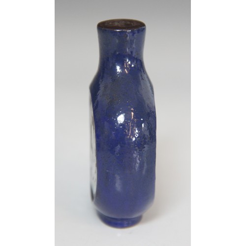 305 - A Chinese blue-ground Yixing stoneware snuff bottle, 19th century, decorated with two reserves depic... 