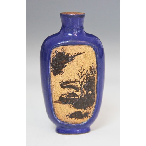 306 - A Chinese blue-ground Yixing stoneware snuff bottle, 19th century, decorated with two reserves depic... 