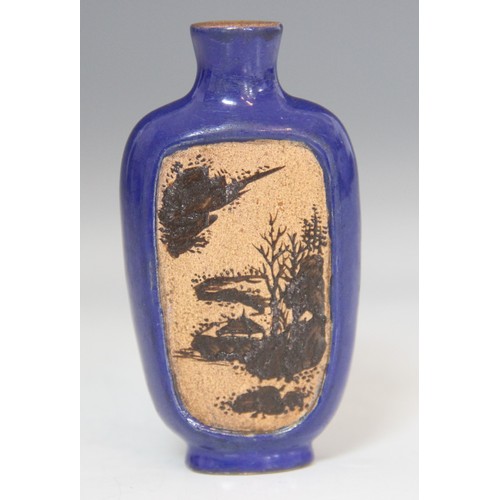 306 - A Chinese blue-ground Yixing stoneware snuff bottle, 19th century, decorated with two reserves depic... 