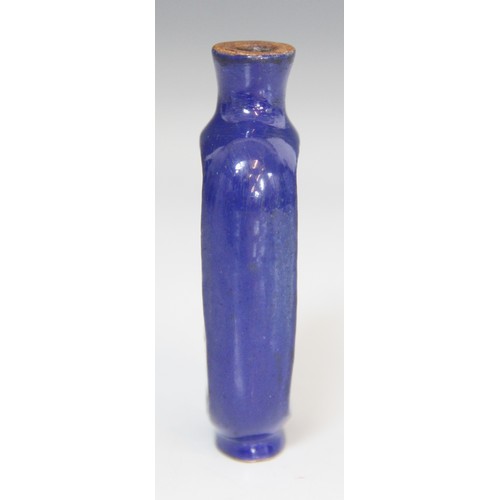 306 - A Chinese blue-ground Yixing stoneware snuff bottle, 19th century, decorated with two reserves depic... 