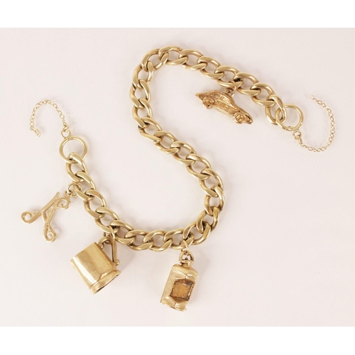 115 - A 9ct curb link bracelet, with attached gold coloured jump rings (lacking fastening), suspending a s... 