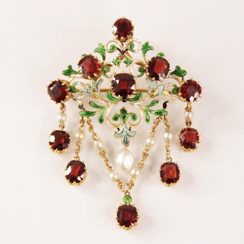 126 - A 19th century garnet, pearl and enamel brooch pendant, in the manner of Carlo Giuliano, the scrolli... 