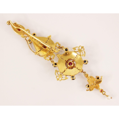 128 - An Indian pearl, ruby and sapphire articulated brooch pin, the gold coloured mount designed as two t... 