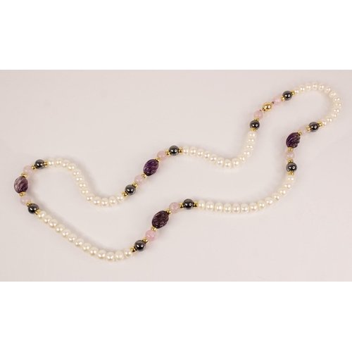 152 - A pearl, hematite, amethyst and rose quartz necklace, designed as a single row of button pearls, eac... 