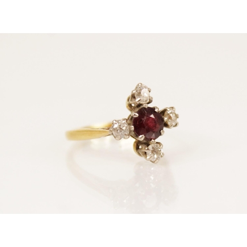 157 - A Victorian garnet and diamond ring, the central round mixed cut garnet measuring 5.3mm diameter, fl... 