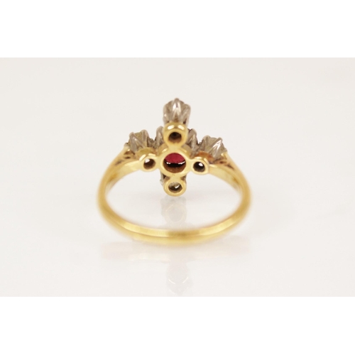 157 - A Victorian garnet and diamond ring, the central round mixed cut garnet measuring 5.3mm diameter, fl... 