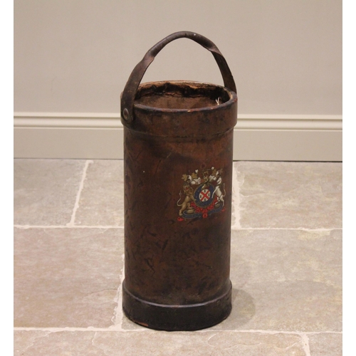 187 - A leather covered shell carrier, late 19th/early 20th century, of typical cylindrical form, with app... 