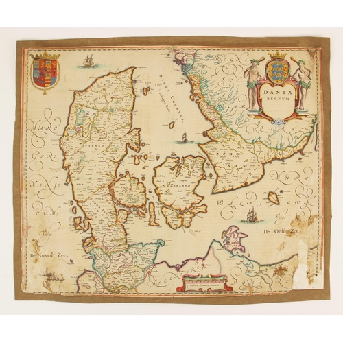 197 - After Joan [Johannes] Blaeu (1596-1673), DANIA REGNUM, a hand coloured engraved map of Denmark on la... 