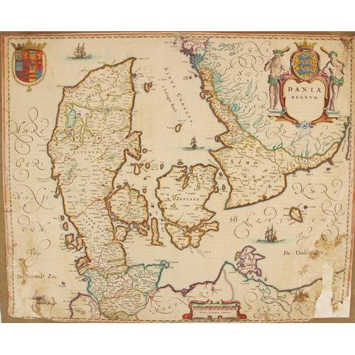 197 - After Joan [Johannes] Blaeu (1596-1673), DANIA REGNUM, a hand coloured engraved map of Denmark on la... 