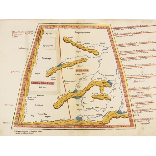 211 - A hand coloured woodcut Ptolemaic map of Central Asia north of the Himalayas, early 16th century, di... 