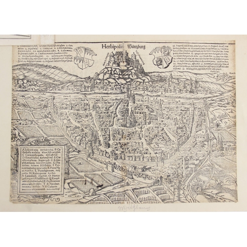 216 - HERBIPOLIS - WIRTZBURG, an uncoloured woodcut map on laid paper depicting a bird's eye view of Wurzb... 