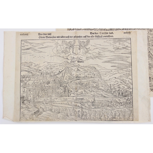 216 - HERBIPOLIS - WIRTZBURG, an uncoloured woodcut map on laid paper depicting a bird's eye view of Wurzb... 