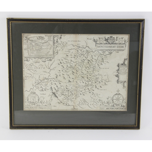 228 - After John Speed (1552-1629), MONTGOMERY SHIRE, an engraved uncoloured map on paper, strapwork title... 