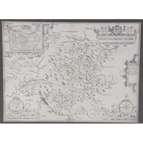 228 - After John Speed (1552-1629), MONTGOMERY SHIRE, an engraved uncoloured map on paper, strapwork title... 