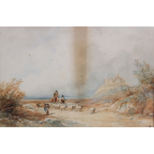 284 - Attributed to David Cox Senior (British, 1783-1859), Shepherd and sheep on a country lane with castl... 