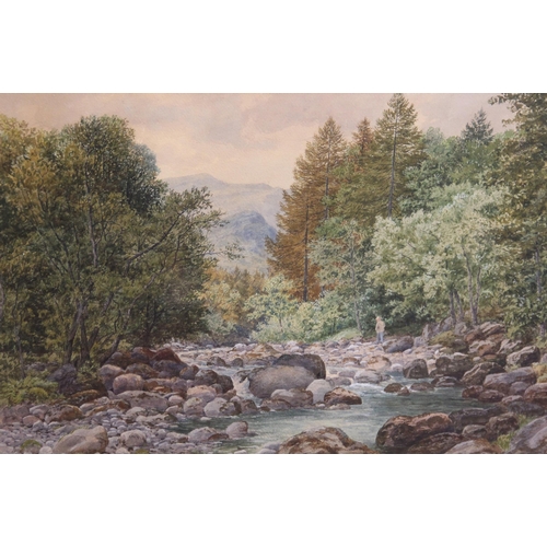 286 - Ward Heys (English school, late 19th century), 
A fly fisherman in a river landscape, 
Watercolour o... 