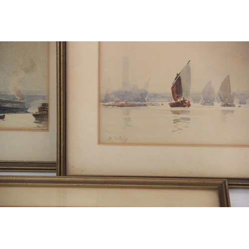 299 - English school (19th century),  
Three views from the river Thames, with boats in the foreground and... 