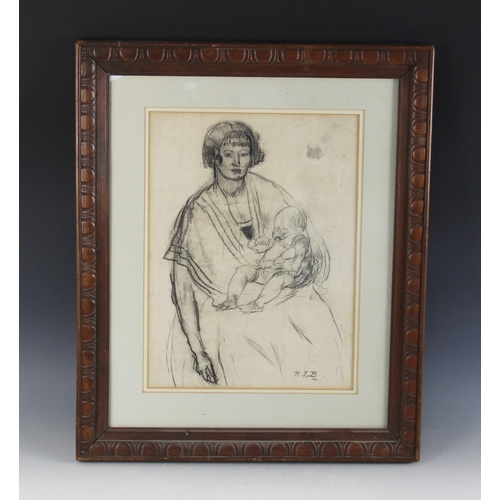 301 - English school (20th century),  
Study of a mother and child,  
Charcoal on paper,  
Initialled 