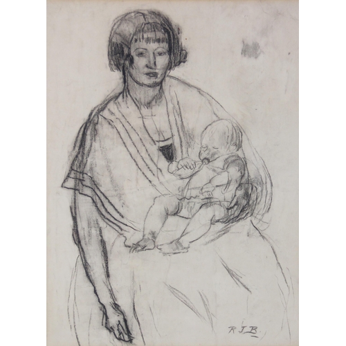 301 - English school (20th century),  
Study of a mother and child,  
Charcoal on paper,  
Initialled 