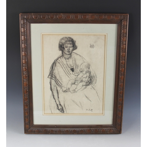 301 - English school (20th century),  
Study of a mother and child,  
Charcoal on paper,  
Initialled 