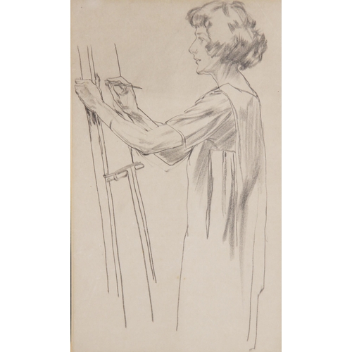 302 - English school (20th century),  
Study of a girl working at an easel,  
Pencil on paper,  
Unsigned,... 