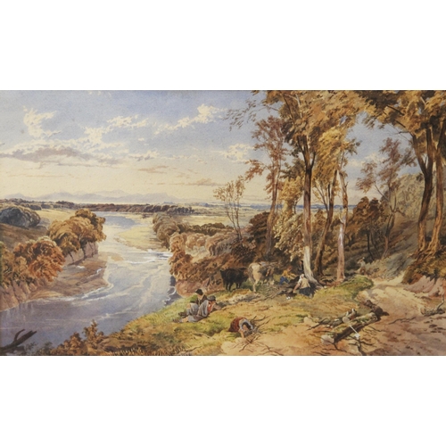 304 - English school (19th century),  
Rustic figures by a river collecting wood,  
Watercolour on paper, ... 