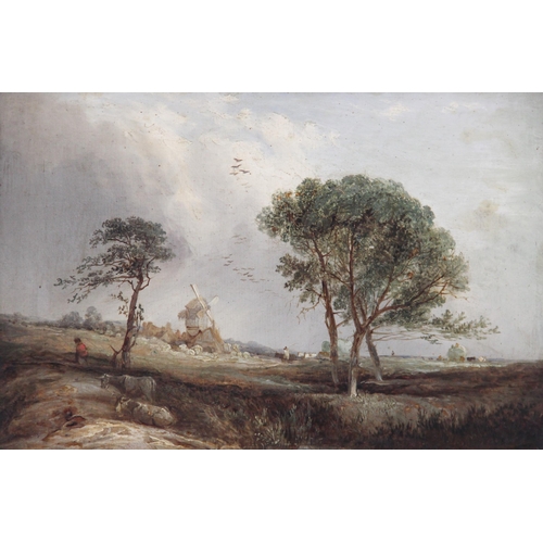 324 - Dutch School (19th century),  
A figure in a landscape with windmill beyond,  
Oil on board,  
Unsig... 