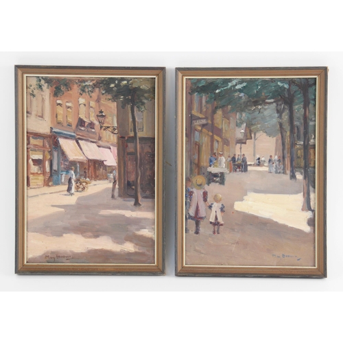 335 - May Brown (English school, 20th century),  
A street scene with a barrow boy,  
Oil on panel,  
Sign... 