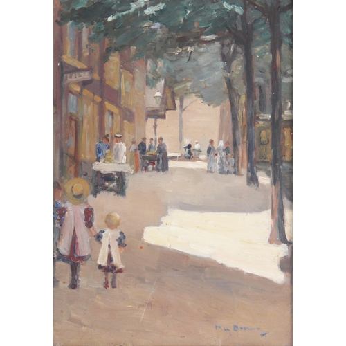 335 - May Brown (English school, 20th century),  
A street scene with a barrow boy,  
Oil on panel,  
Sign... 