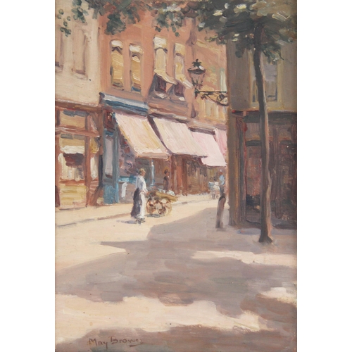 335 - May Brown (English school, 20th century),  
A street scene with a barrow boy,  
Oil on panel,  
Sign... 