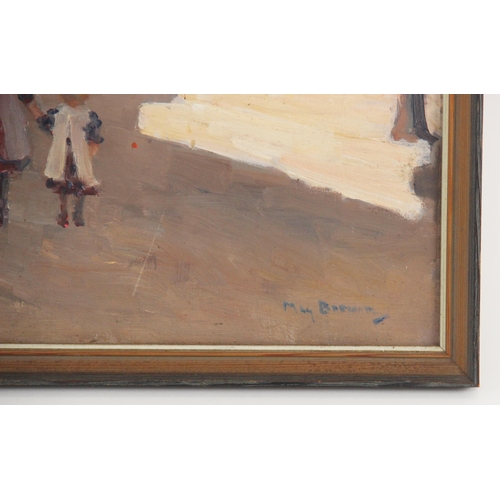 335 - May Brown (English school, 20th century),  
A street scene with a barrow boy,  
Oil on panel,  
Sign... 