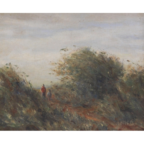 341 - English school (20th century),  
Figures walking a dune path to the sea,  
Oil on panel,  
Unsigned,... 