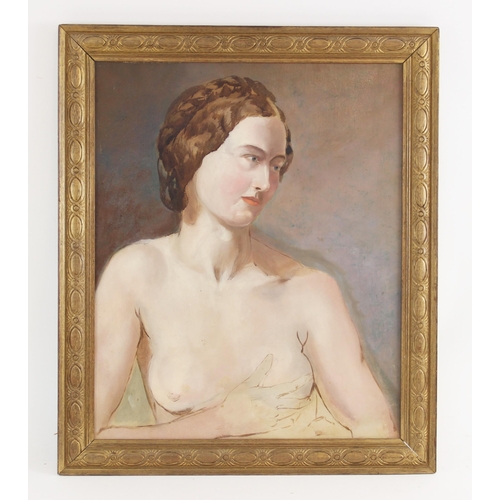 345 - English school (20th century),  
A quarter length study of a female nude,  
Oil on board,  
Unsigned... 