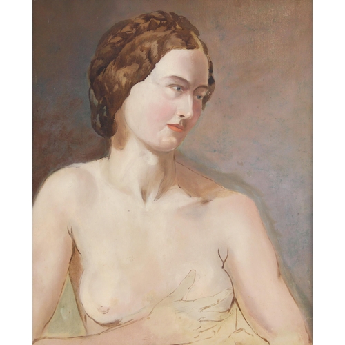 345 - English school (20th century),  
A quarter length study of a female nude,  
Oil on board,  
Unsigned... 