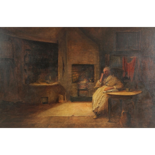 349 - English school (19th century),  
An old woman seated in her parlour,  
Oil on canvas,  
Initialled 