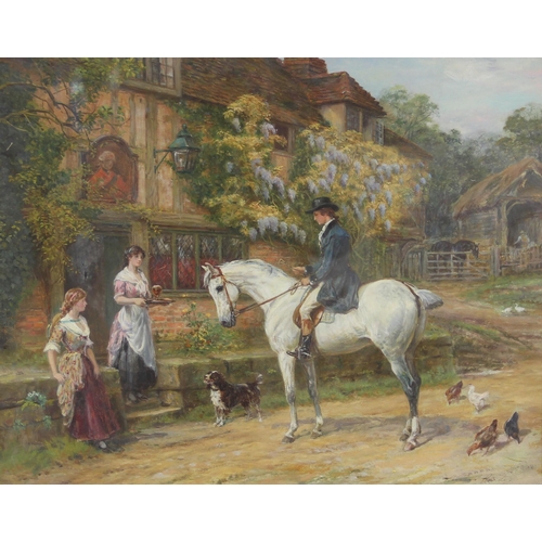 350 - Heywood Hardy (British, 1842-1933),  
Welcome refreshment (a gentleman on horseback outside a tavern... 