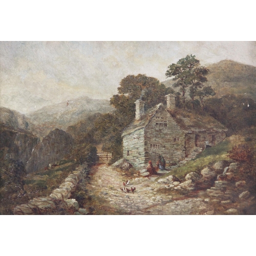 357 - Circle of Thomas Creswick (British, 1811-1869),  
Figures at the foot of cottage steps,  
Oil on can... 