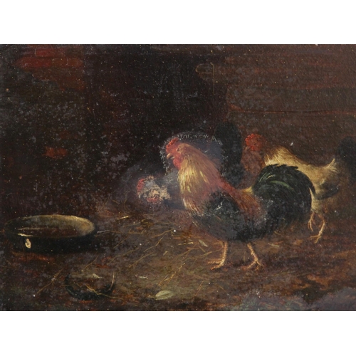 359 - English school (19th century),  
A cockerel and chickens,  
Oil on panel,  
Indistinctly signed lowe... 