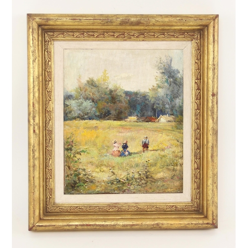 364 - English school (19th century),  
Children picking wild flowers,  
Oil on board,  
Indistinctly signe... 