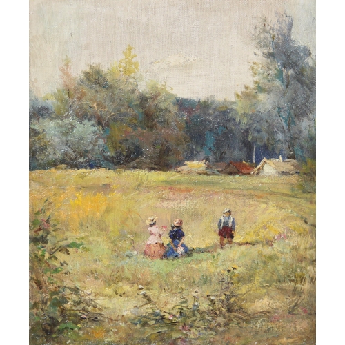 364 - English school (19th century),  
Children picking wild flowers,  
Oil on board,  
Indistinctly signe... 